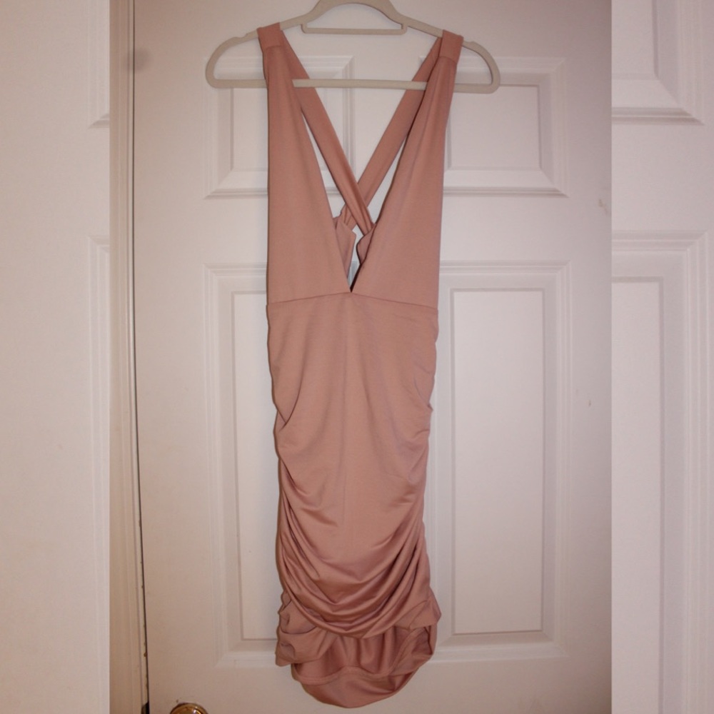 Deep V Ruched Bodycon Dress